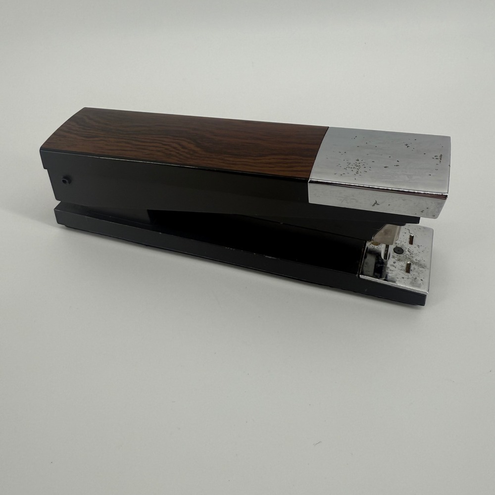 Vintage‎ ACCO 20 1970s Desk Stapler Faux Wood Grain and Chrome Office Supply